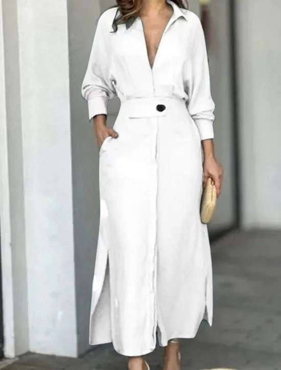 Hot Women's Shirt Dress Maxi long Dress Office Daily Basic Modern Shirt Collar Pocket Long Sleeve Summer Spring Regular Fit Plain Women White Dresses