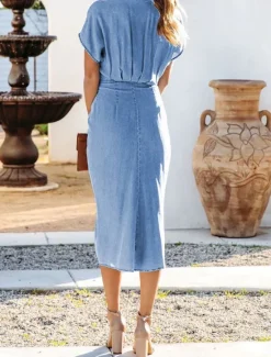 Outlet Women's Shirt Dress Midi Dress Office Date Denim Classic Shirt Collar Lace up Button Short Sleeve Summer Spring Slim Plain Women Work Dresses