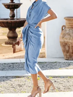 Outlet Women's Shirt Dress Midi Dress Office Date Denim Classic Shirt Collar Lace up Button Short Sleeve Summer Spring Slim Plain Women Work Dresses