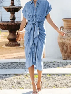 Outlet Women's Shirt Dress Midi Dress Office Date Denim Classic Shirt Collar Lace up Button Short Sleeve Summer Spring Slim Plain Women Work Dresses