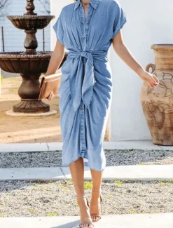 Outlet Women's Shirt Dress Midi Dress Office Date Denim Classic Shirt Collar Lace up Button Short Sleeve Summer Spring Slim Plain Women Work Dresses