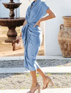 Outlet Women's Shirt Dress Midi Dress Office Date Denim Classic Shirt Collar Lace up Button Short Sleeve Summer Spring Slim Plain Women Work Dresses