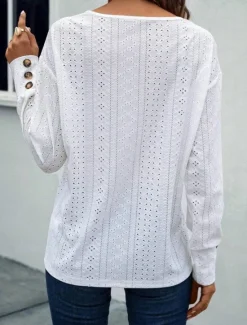 Sale Women's Shirt Elegant Fashion Casual Mesh Long Sleeve Regular Tops V Neck Daily White Pink Blue Spring Fall Women Lace Tops