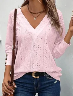 Sale Women's Shirt Elegant Fashion Casual Mesh Long Sleeve Regular Tops V Neck Daily White Pink Blue Spring Fall Women Lace Tops