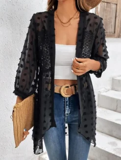 New Women's Shirt Elegant Ladies Solid Color Eyelet Asymmetric Hem Long Sleeve V Neck Daily Black White Spring Fall Winter Women Blouses & Shirts