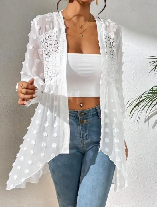 New Women's Shirt Elegant Ladies Solid Color Eyelet Asymmetric Hem Long Sleeve V Neck Daily Black White Spring Fall Winter Women Blouses & Shirts
