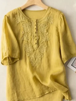 Clearance Women's Shirt Floral Basic Casual Half Sleeve Crew Neck Regular Tops Daily Ruched Embroidered Buttons White Yellow Blue Khaki Summer Women Shirts
