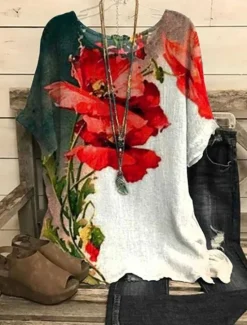 Clearance Women's Shirt Floral Casual Half Sleeve Crew Neck Regular Tops Work Daily Linen Like Print Spring Fall Winter Women Blouses & Shirts|Spring Tops