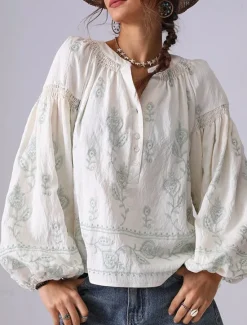 Outlet Women's Shirt Floral Elegant Bohemia Vintage Long Sleeve Lantern Sleeve V Neck Crop Tops Daily Holiday Going out Embroidered Off-white embroidered plum red-WHITE 2# apricot embroidery light Women Blouses & Shirts