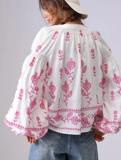 Outlet Women's Shirt Floral Elegant Bohemia Vintage Long Sleeve Lantern Sleeve V Neck Crop Tops Daily Holiday Going out Embroidered Off-white embroidered plum red-WHITE 2# apricot embroidery light Women Blouses & Shirts