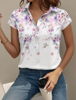 Clearance Women's Shirt Floral Graphic Daily Short Sleeve Cap Sleeve Shirt Collar Long Tops Daily Summer Spring Women Spring Tops