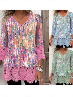 Best Women's Shirt Floral Graphic 3D Basic Casual Short Sleeve V Neck Regular Tops Daily Patchwork Buttons Lace Trim Pink Blue Green Summer Women Blouses & Shirts