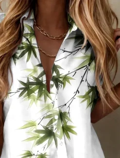 Sale Women's Shirt Graphic Leaf Leaves Vintage Tropical Daily Short Sleeve Cap Sleeve Shirt Collar Long Tops Daily Summer Spring Women Blouses & Shirts