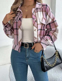 Outlet Women's Shirt Jacket Casual Jacket Comfortable Breathable Buttons Print Casual Plaid Vacation Street Casual Daily Wear Single Breasted Short Stand Collar Regular Fit Long Sleeve Outerwear Pink Women Jackets