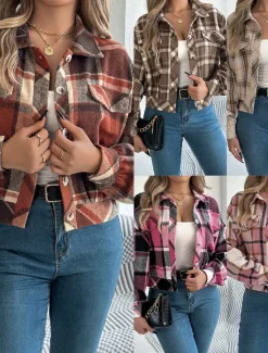 Outlet Women's Shirt Jacket Casual Jacket Comfortable Breathable Buttons Print Casual Plaid Vacation Street Casual Daily Wear Single Breasted Short Stand Collar Regular Fit Long Sleeve Outerwear Pink Women Jackets