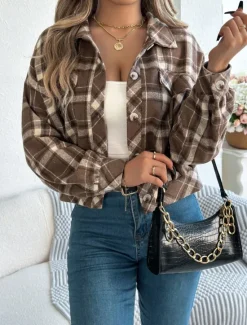 Outlet Women's Shirt Jacket Casual Jacket Comfortable Breathable Buttons Print Casual Plaid Vacation Street Casual Daily Wear Single Breasted Short Stand Collar Regular Fit Long Sleeve Outerwear Pink Women Jackets