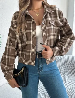 Outlet Women's Shirt Jacket Casual Jacket Comfortable Breathable Buttons Print Casual Plaid Vacation Street Casual Daily Wear Single Breasted Short Stand Collar Regular Fit Long Sleeve Outerwear Pink Women Jackets