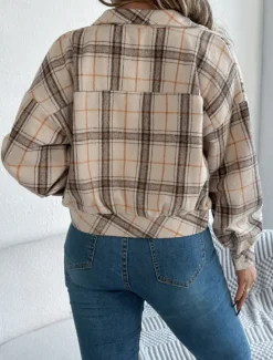 Outlet Women's Shirt Jacket Casual Jacket Comfortable Breathable Buttons Print Casual Plaid Vacation Street Casual Daily Wear Single Breasted Short Stand Collar Regular Fit Long Sleeve Outerwear Pink Women Jackets