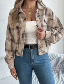 Outlet Women's Shirt Jacket Casual Jacket Comfortable Breathable Buttons Print Casual Plaid Vacation Street Casual Daily Wear Single Breasted Short Stand Collar Regular Fit Long Sleeve Outerwear Pink Women Jackets
