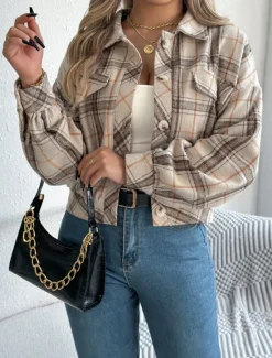 Outlet Women's Shirt Jacket Casual Jacket Comfortable Breathable Buttons Print Casual Plaid Vacation Street Casual Daily Wear Single Breasted Short Stand Collar Regular Fit Long Sleeve Outerwear Pink Women Jackets