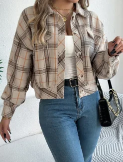 Outlet Women's Shirt Jacket Casual Jacket Comfortable Breathable Buttons Print Casual Plaid Vacation Street Casual Daily Wear Single Breasted Short Stand Collar Regular Fit Long Sleeve Outerwear Pink Women Jackets