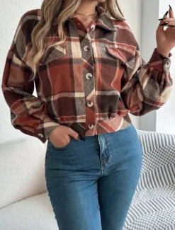 Outlet Women's Shirt Jacket Casual Jacket Comfortable Breathable Buttons Print Casual Plaid Vacation Street Casual Daily Wear Single Breasted Short Stand Collar Regular Fit Long Sleeve Outerwear Pink Women Jackets