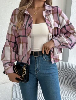 Outlet Women's Shirt Jacket Casual Jacket Comfortable Breathable Buttons Print Casual Plaid Vacation Street Casual Daily Wear Single Breasted Short Stand Collar Regular Fit Long Sleeve Outerwear Pink Women Jackets