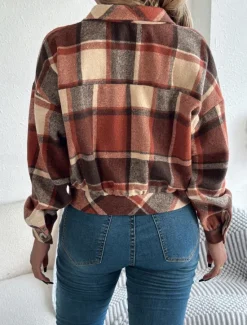 Outlet Women's Shirt Jacket Casual Jacket Comfortable Breathable Buttons Print Casual Plaid Vacation Street Casual Daily Wear Single Breasted Short Stand Collar Regular Fit Long Sleeve Outerwear Pink Women Jackets