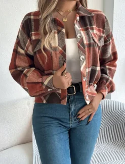 Outlet Women's Shirt Jacket Casual Jacket Comfortable Breathable Buttons Print Casual Plaid Vacation Street Casual Daily Wear Single Breasted Short Stand Collar Regular Fit Long Sleeve Outerwear Pink Women Jackets