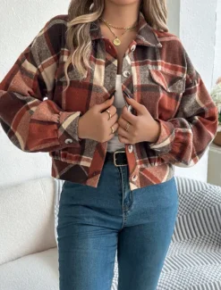 Outlet Women's Shirt Jacket Casual Jacket Comfortable Breathable Buttons Print Casual Plaid Vacation Street Casual Daily Wear Single Breasted Short Stand Collar Regular Fit Long Sleeve Outerwear Pink Women Jackets