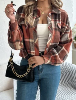 Outlet Women's Shirt Jacket Casual Jacket Comfortable Breathable Buttons Print Casual Plaid Vacation Street Casual Daily Wear Single Breasted Short Stand Collar Regular Fit Long Sleeve Outerwear Pink Women Jackets