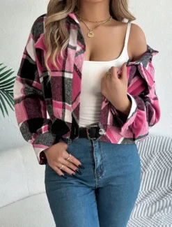 Outlet Women's Shirt Jacket Casual Jacket Comfortable Breathable Buttons Print Casual Plaid Vacation Street Casual Daily Wear Single Breasted Short Stand Collar Regular Fit Long Sleeve Outerwear Pink Women Jackets
