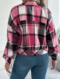 Outlet Women's Shirt Jacket Casual Jacket Comfortable Breathable Buttons Print Casual Plaid Vacation Street Casual Daily Wear Single Breasted Short Stand Collar Regular Fit Long Sleeve Outerwear Pink Women Jackets