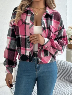 Outlet Women's Shirt Jacket Casual Jacket Comfortable Breathable Buttons Print Casual Plaid Vacation Street Casual Daily Wear Single Breasted Short Stand Collar Regular Fit Long Sleeve Outerwear Pink Women Jackets