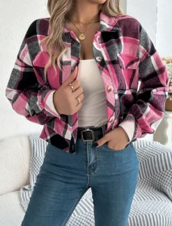 Outlet Women's Shirt Jacket Casual Jacket Comfortable Breathable Buttons Print Casual Plaid Vacation Street Casual Daily Wear Single Breasted Short Stand Collar Regular Fit Long Sleeve Outerwear Pink Women Jackets