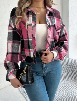 Outlet Women's Shirt Jacket Casual Jacket Comfortable Breathable Buttons Print Casual Plaid Vacation Street Casual Daily Wear Single Breasted Short Stand Collar Regular Fit Long Sleeve Outerwear Pink Women Jackets