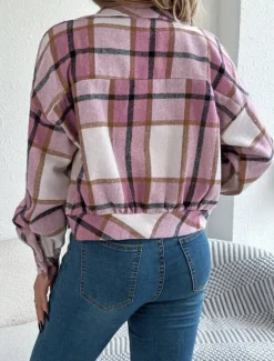 Outlet Women's Shirt Jacket Casual Jacket Comfortable Breathable Buttons Print Casual Plaid Vacation Street Casual Daily Wear Single Breasted Short Stand Collar Regular Fit Long Sleeve Outerwear Pink Women Jackets