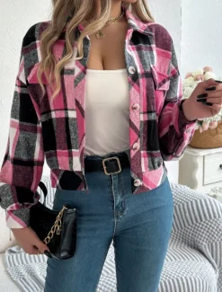 Outlet Women's Shirt Jacket Casual Jacket Comfortable Breathable Buttons Print Casual Plaid Vacation Street Casual Daily Wear Single Breasted Short Stand Collar Regular Fit Long Sleeve Outerwear Pink Women Jackets