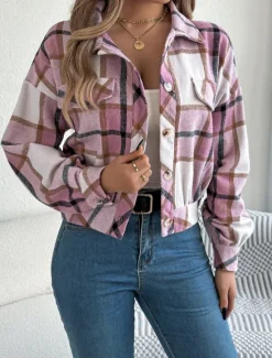 Outlet Women's Shirt Jacket Casual Jacket Comfortable Breathable Buttons Print Casual Plaid Vacation Street Casual Daily Wear Single Breasted Short Stand Collar Regular Fit Long Sleeve Outerwear Pink Women Jackets