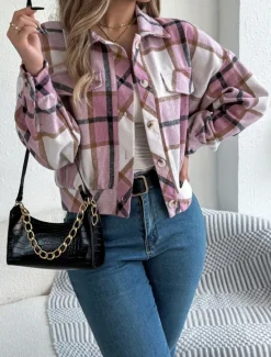 Outlet Women's Shirt Jacket Casual Jacket Comfortable Breathable Buttons Print Casual Plaid Vacation Street Casual Daily Wear Single Breasted Short Stand Collar Regular Fit Long Sleeve Outerwear Pink Women Jackets