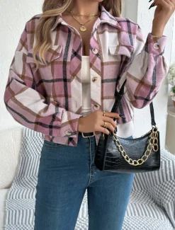 Outlet Women's Shirt Jacket Casual Jacket Comfortable Breathable Buttons Print Casual Plaid Vacation Street Casual Daily Wear Single Breasted Short Stand Collar Regular Fit Long Sleeve Outerwear Pink Women Jackets