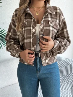 Outlet Women's Shirt Jacket Casual Jacket Comfortable Breathable Buttons Print Casual Plaid Vacation Street Casual Daily Wear Single Breasted Short Stand Collar Regular Fit Long Sleeve Outerwear Pink Women Jackets