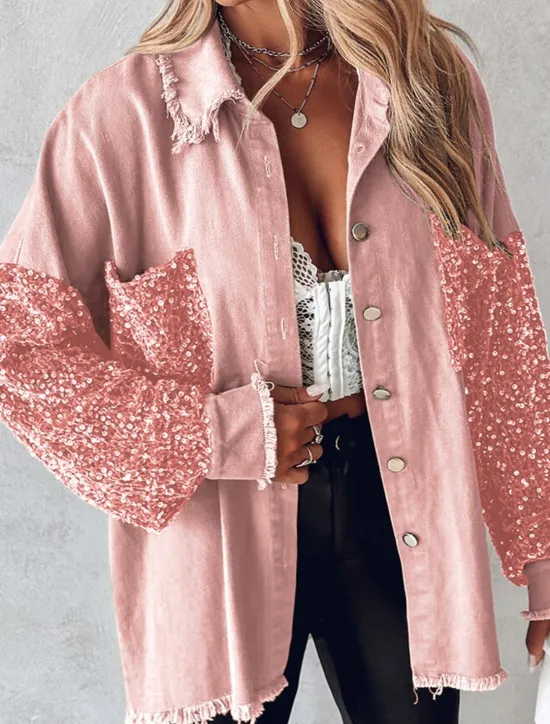 Women's Shirt Jacket Casual Jacket Breathable Comfortable Pocket Sequin Casual Plain Vacation Street Casual Daily Wear Single Breasted Regular Lapel Regular Fit Long Sleeve Outerwear Light Blue White Women Jackets