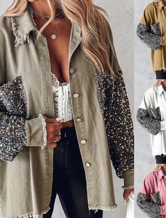 Women's Shirt Jacket Casual Jacket Breathable Comfortable Pocket Sequin Casual Plain Vacation Street Casual Daily Wear Single Breasted Regular Lapel Regular Fit Long Sleeve Outerwear Light Blue White Women Jackets