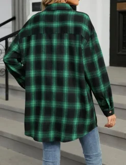Discount Women's Shirt Jacket Shacket Warm Breathable Buttons Pocket Print Casual Plaid Vacation Street Daily Wear Going out Single Breasted Regular Turndown Regular Fit Long Sleeve Outerwear Brown Green Fall Women Jackets