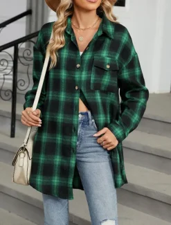 Discount Women's Shirt Jacket Shacket Warm Breathable Buttons Pocket Print Casual Plaid Vacation Street Daily Wear Going out Single Breasted Regular Turndown Regular Fit Long Sleeve Outerwear Brown Green Fall Women Jackets