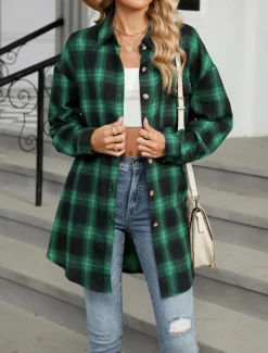Discount Women's Shirt Jacket Shacket Warm Breathable Buttons Pocket Print Casual Plaid Vacation Street Daily Wear Going out Single Breasted Regular Turndown Regular Fit Long Sleeve Outerwear Brown Green Fall Women Jackets