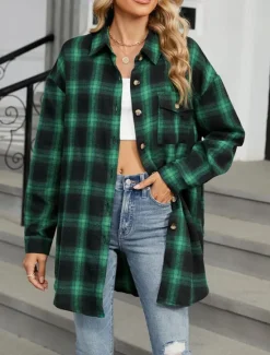 Discount Women's Shirt Jacket Shacket Warm Breathable Buttons Pocket Print Casual Plaid Vacation Street Daily Wear Going out Single Breasted Regular Turndown Regular Fit Long Sleeve Outerwear Brown Green Fall Women Jackets