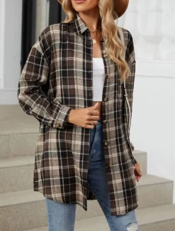 Discount Women's Shirt Jacket Shacket Warm Breathable Buttons Pocket Print Casual Plaid Vacation Street Daily Wear Going out Single Breasted Regular Turndown Regular Fit Long Sleeve Outerwear Brown Green Fall Women Jackets
