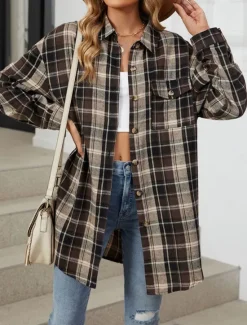 Discount Women's Shirt Jacket Shacket Warm Breathable Buttons Pocket Print Casual Plaid Vacation Street Daily Wear Going out Single Breasted Regular Turndown Regular Fit Long Sleeve Outerwear Brown Green Fall Women Jackets